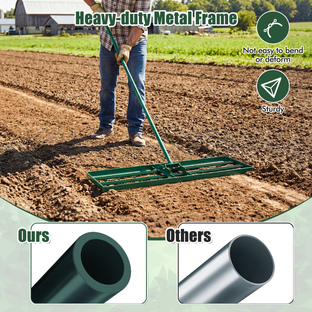 Heavy-duty 36 x 10 inch lawn leveling rake with ergonomic handle and rustproof metal frame for efficient lawn leveling.