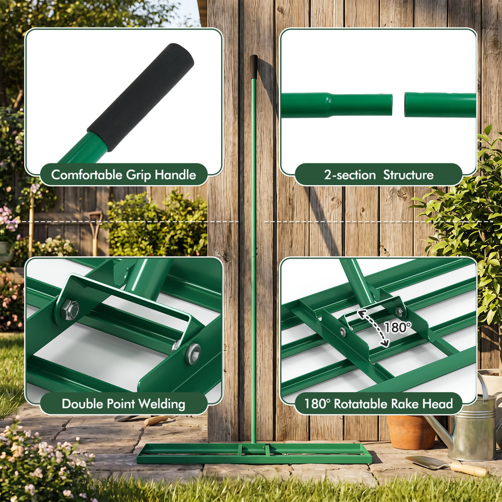 Lawn leveling rake features a 36 x 10 inch plate, ergonomic handle, and 180° rotatable head for easy lawn maintenance.