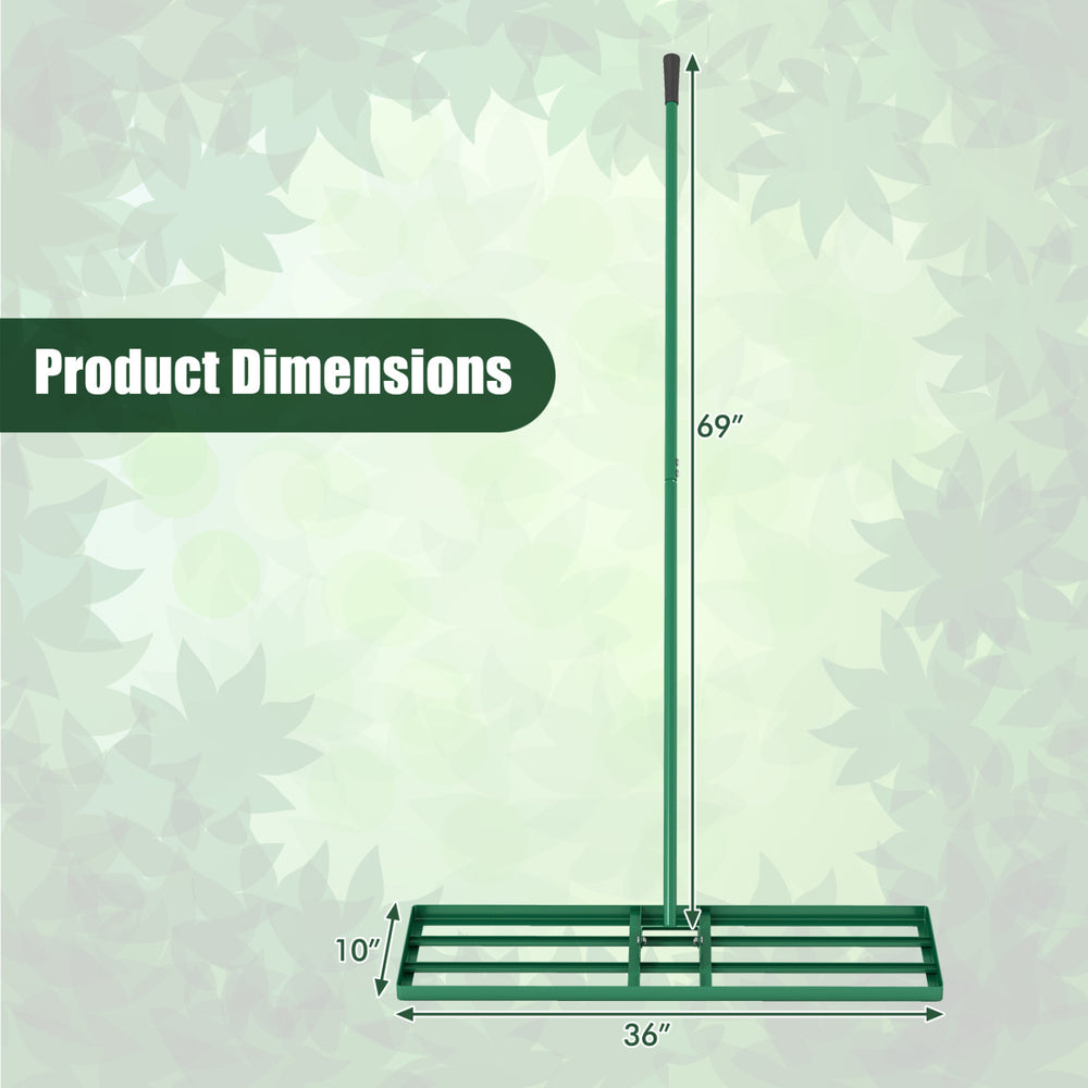 Lawn leveling rake with a 36 x 10 inch plate and 69 inch ergonomic handle for easy lawn maintenance and leveling.