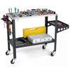 Welding table with lockable wheels, tool slots, and double-layer storage for organized workspace efficiency.