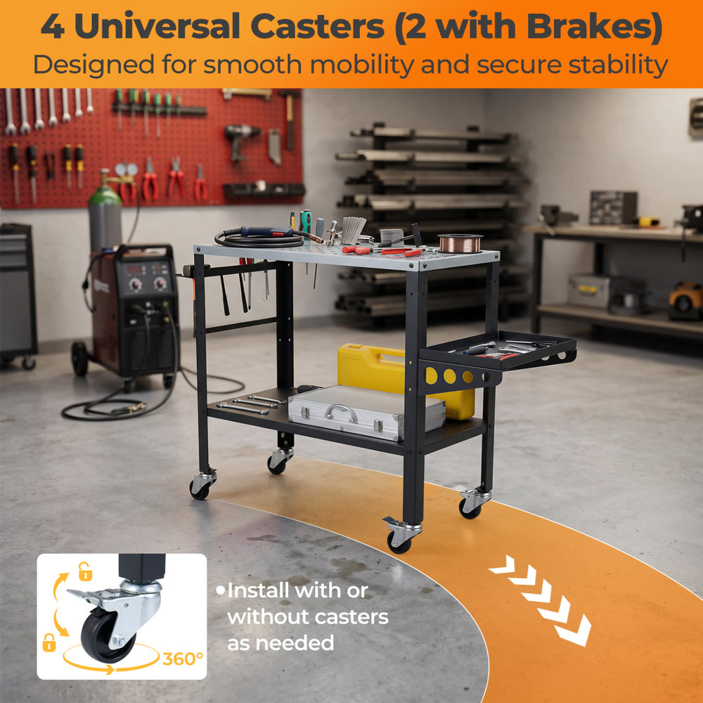 Welding table with 36x18" surface, featuring 4 universal casters, tool slots, and double-layer storage for efficient.