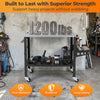 Welding table with lockable wheels, 1200 lbs capacity, and 144 fixture holes for efficient workspace organization.