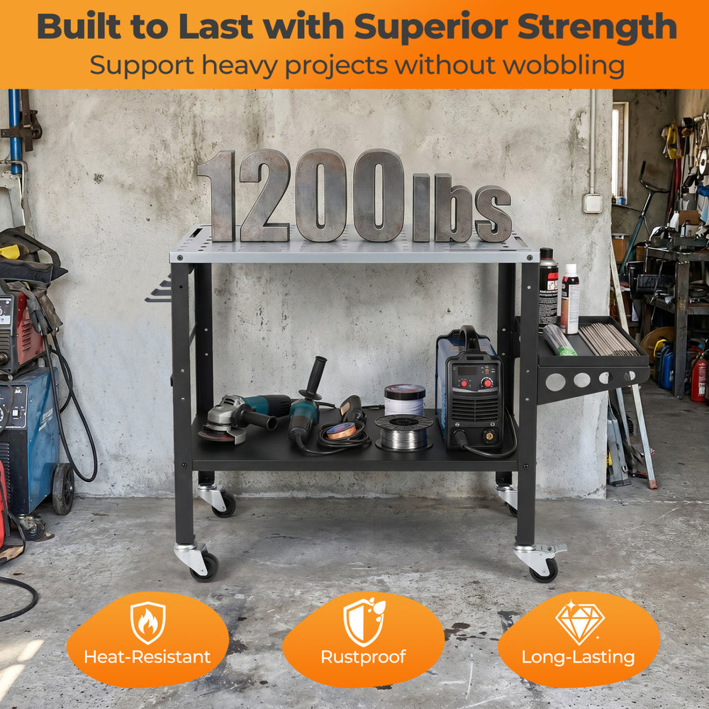 Welding table with lockable wheels, 1200 lbs capacity, and 144 fixture holes for efficient workspace organization.