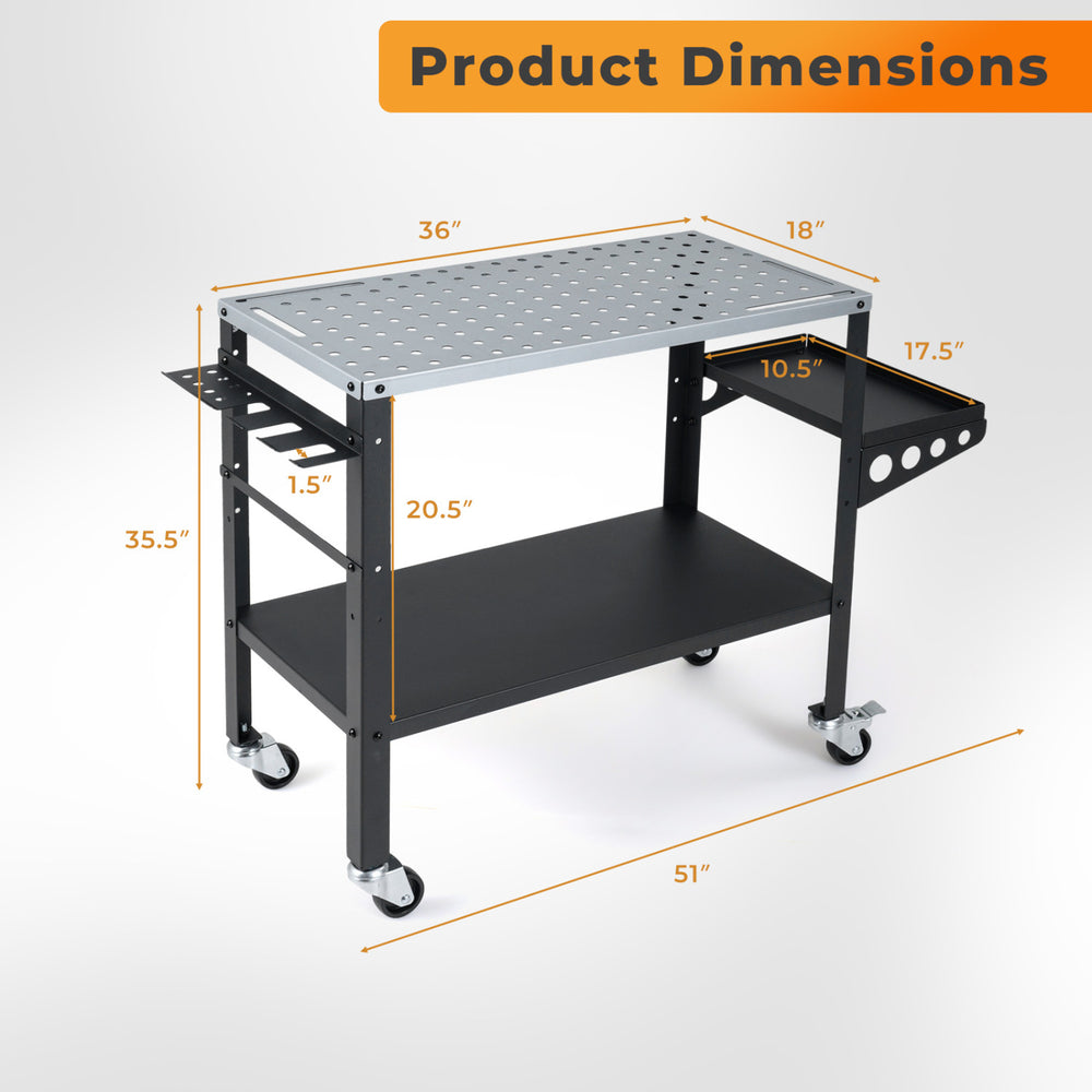 Welding table dimensions with lockable wheels, featuring a sturdy design and 144 fixture holes for efficient workspace.