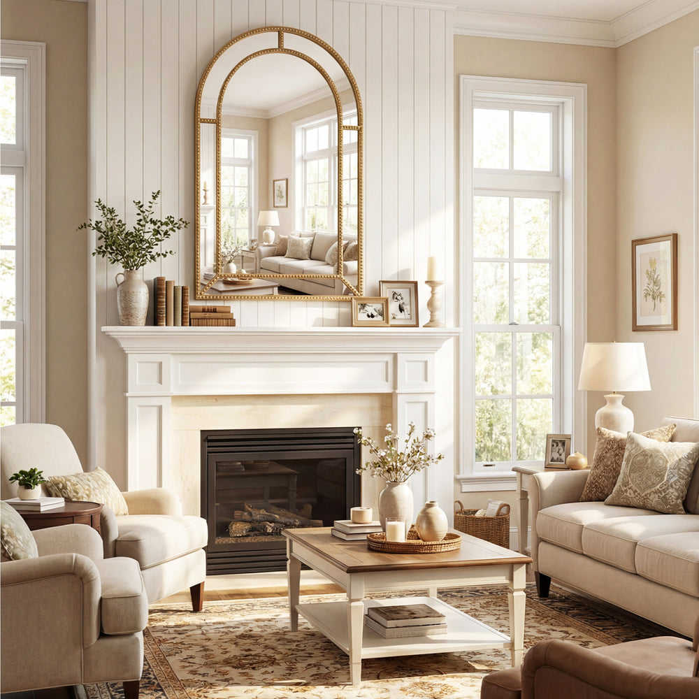 36 x 24 inch decorative mirror featuring a gold beaded frame, designed to enhance elegance in any living space.
