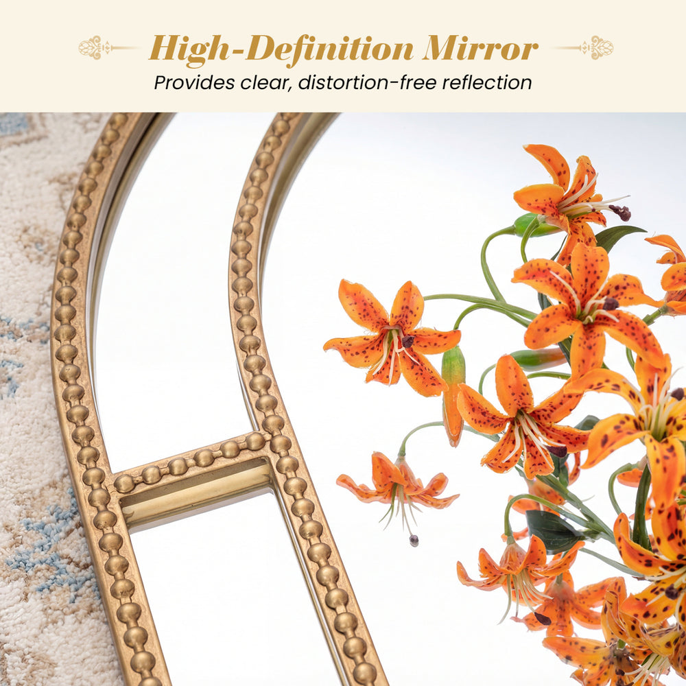 Decorative 36 x 24 inch gold beaded mirror showcasing high-definition reflection, ideal for living rooms and entryways.
