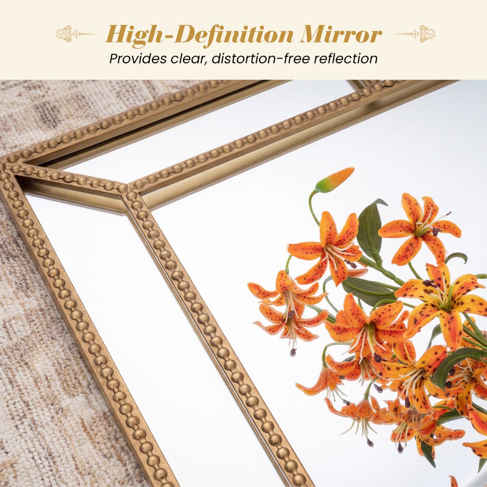 Gold wall mirror with beaded frame, 36 x 24 inches, offers high-definition reflection for living room elegance.