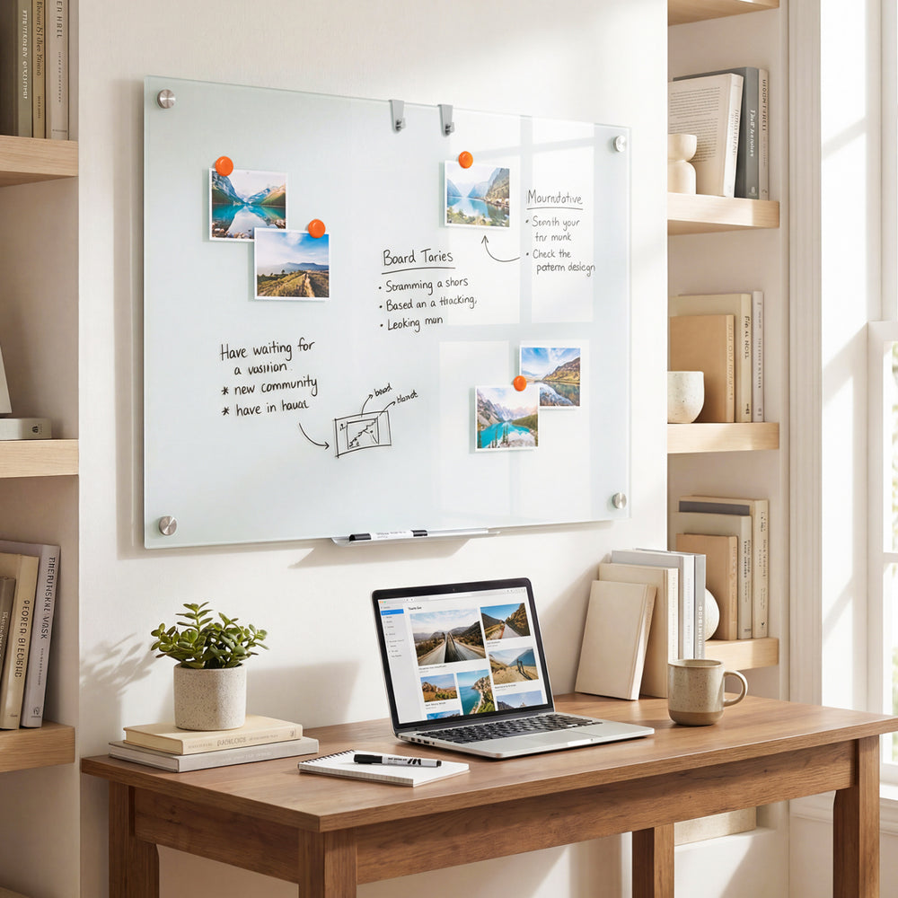36 x 24 inches glass whiteboard with magnets, eraser, and removable tray, ideal for home or office organization.