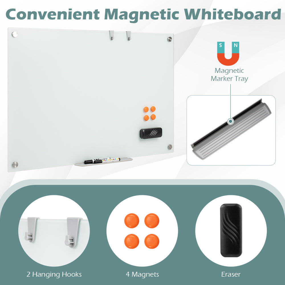 36" x 24" glass whiteboard with eraser, removable tray, and 4 magnets for versatile vertical or horizontal use.