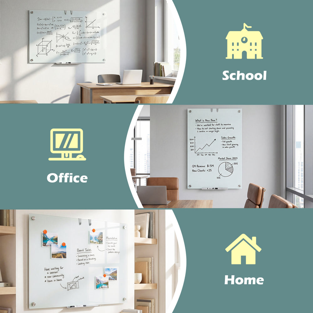 36 x 24 inches glass whiteboard with frameless design, magnetic features, ideal for office, school, or home use.