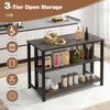 36-inch gray 3-tier bar table with metal frame, showcasing open storage for wines, snacks, and decorations in a kitchen.