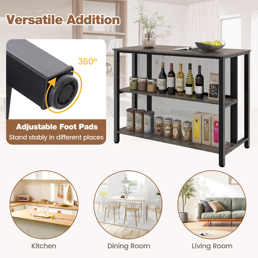 36-inch gray 3-tier bar table with metal frame and adjustable foot pads, perfect for dining room or kitchen use.