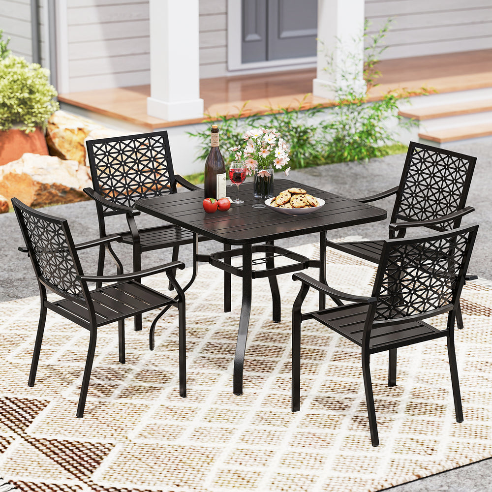 37-inch square patio dining table with umbrella hole, featuring a sturdy metal frame and slatted design, perfect for.