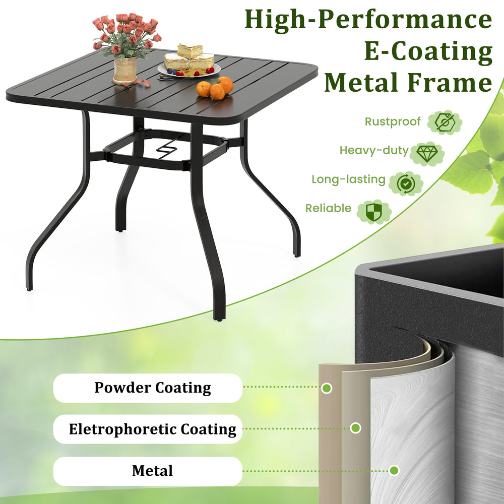 37-inch square patio dining table with a metal frame, umbrella hole, and slatted design for outdoor gatherings.