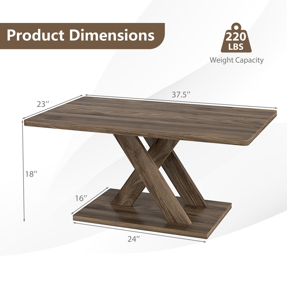 Rectangular coffee table with rubber wood connection, brown finish, showcasing dimensions for living room use.