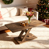 Rectangular coffee table with rustic wood texture and rubber wood base, perfect for living room decor and stability.