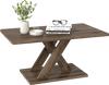 Rectangular coffee table with rubber wood connection, brown finish, and geometric design for modern living room decor.