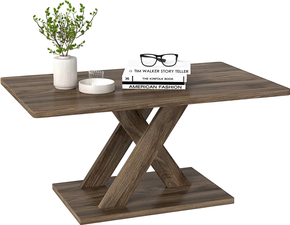 Rectangular coffee table with rubber wood connection, brown finish, and geometric design for modern living room decor.