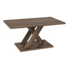 Rectangular coffee table with a rustic wood texture and rubber wood connection, ideal for living room or office use.