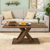 Rectangular coffee table with geometric design in brown, featuring a rubber wood connection, perfect for living room.