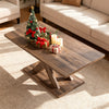 Rectangular coffee table with rustic wood texture, sturdy rubber wood base, perfect for living room decor.