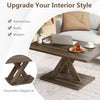 Rectangular coffee table with rubber wood base, featuring a geometric design and rustic brown finish for living room.