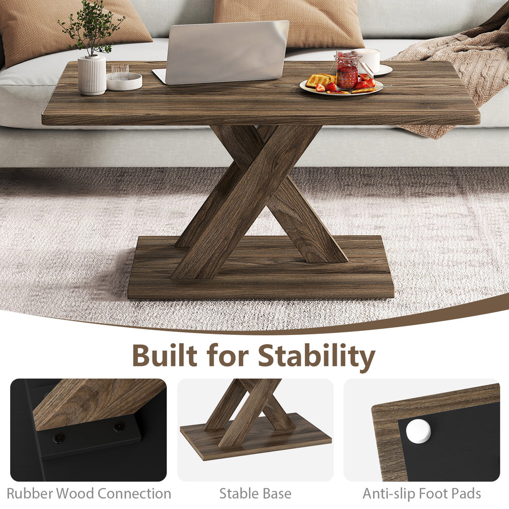 Rectangular 37.5-inch coffee table in brown with rubber wood connection, featuring a stable base and anti-slip foot.