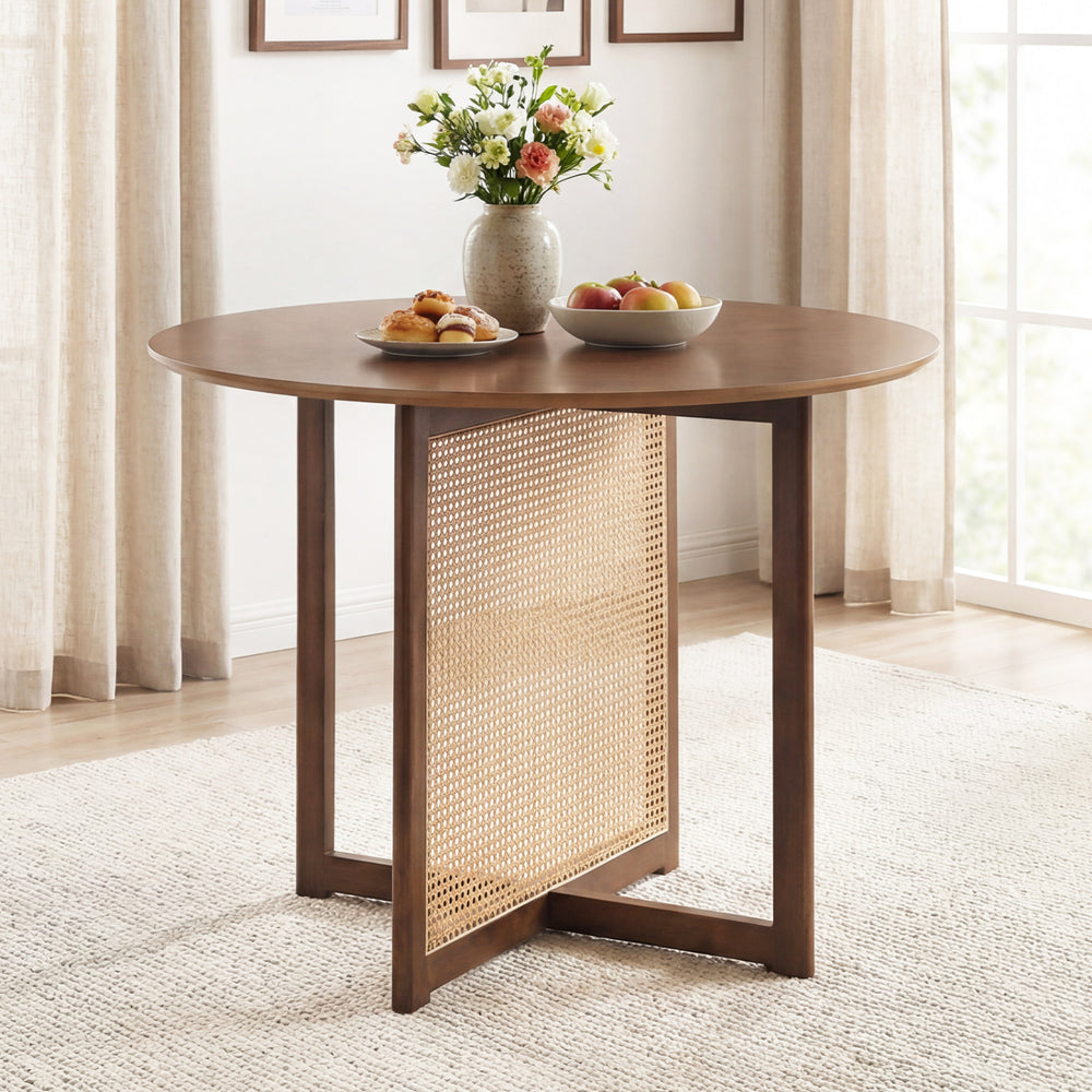 Round 37.5-inch dining table with walnut finish and PE rattan design, perfect for kitchens or cozy breakfast nooks.
