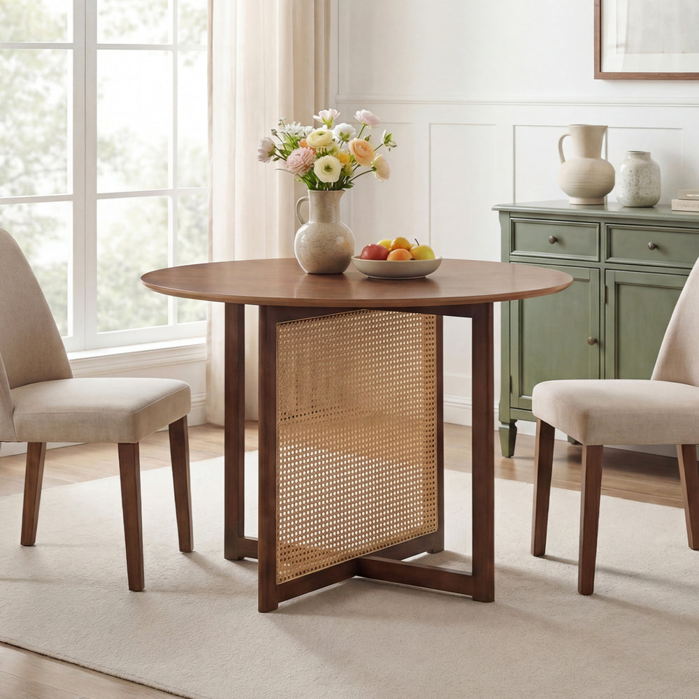 Round 37.5-inch walnut dining table with cross pedestal base and decorative PE rattan design, ideal for cozy dining.