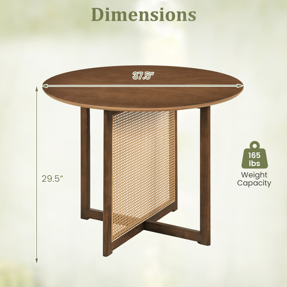 37.5-inch round dining table with walnut finish, PE rattan design, and cross pedestal base, ideal for kitchens or.