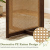Decorative PE rattan design detail of the 37.5-inch round dining table with walnut cross pedestal base for stylish.