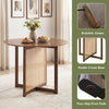 Round 37.5-inch dining table with walnut finish, PE rattan design, and stable cross base for kitchens or dining rooms.