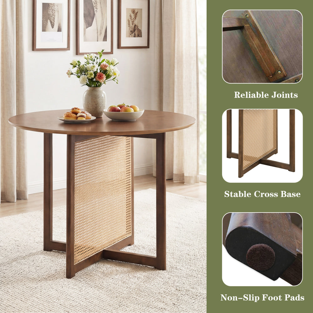 Round 37.5-inch dining table with walnut finish, PE rattan design, and stable cross base for kitchens or dining rooms.