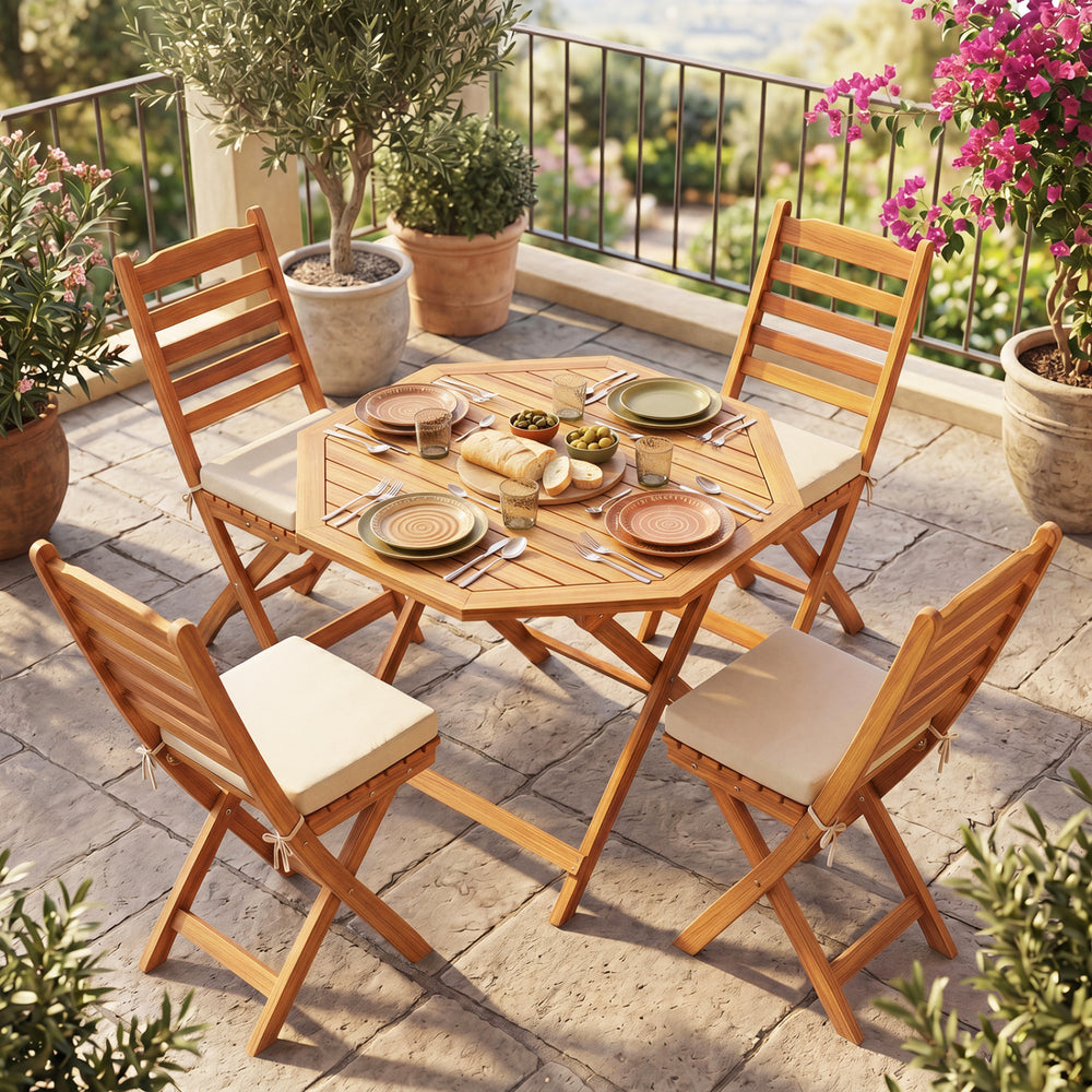Octagonal acacia wood outdoor folding dining table for 4, featuring a slatted tabletop, set in a garden patio setting.