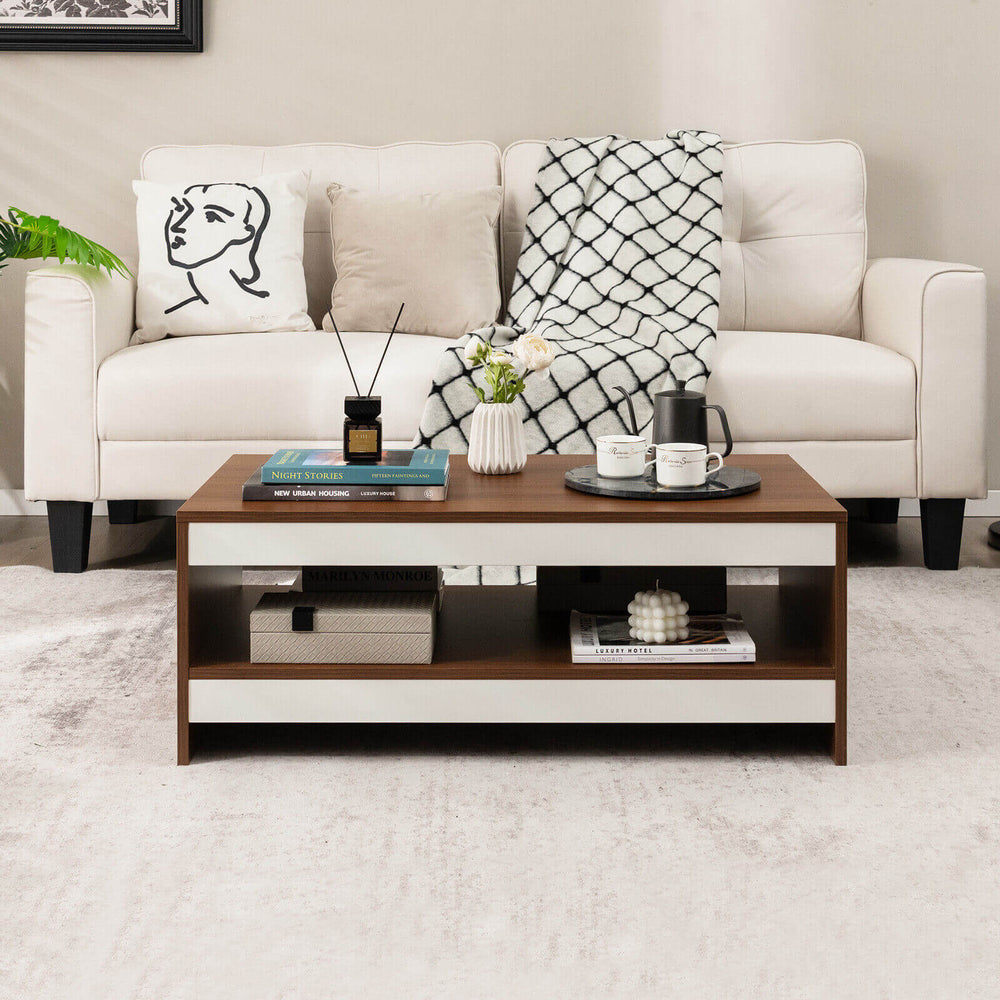 Rectangle wooden coffee table with storage shelf, modern design, suitable for living room or office use.