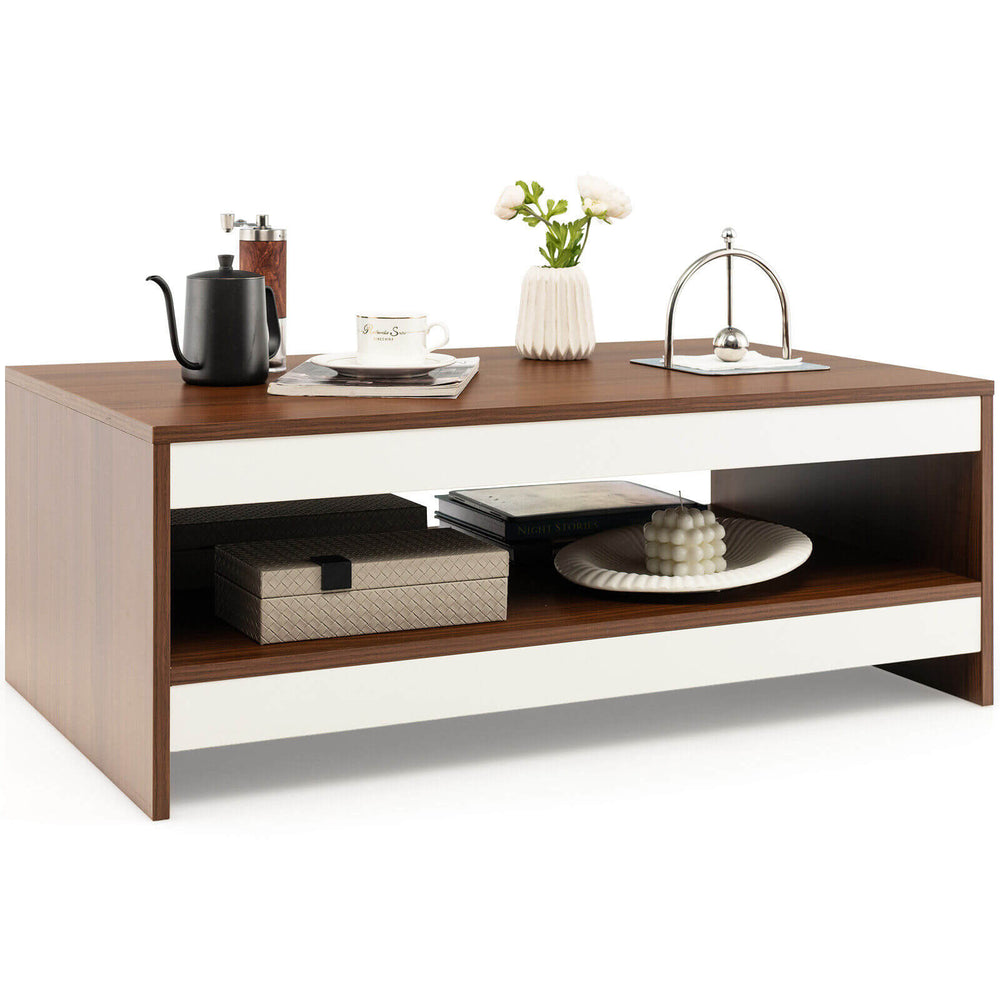 Wooden coffee table with a spacious top and open shelf, featuring a modern design for living room or office use.