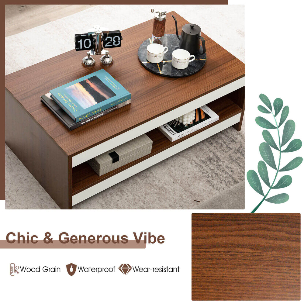 Wooden coffee table with a spacious 37-inch tabletop and storage shelf, featuring a modern design for living room use.