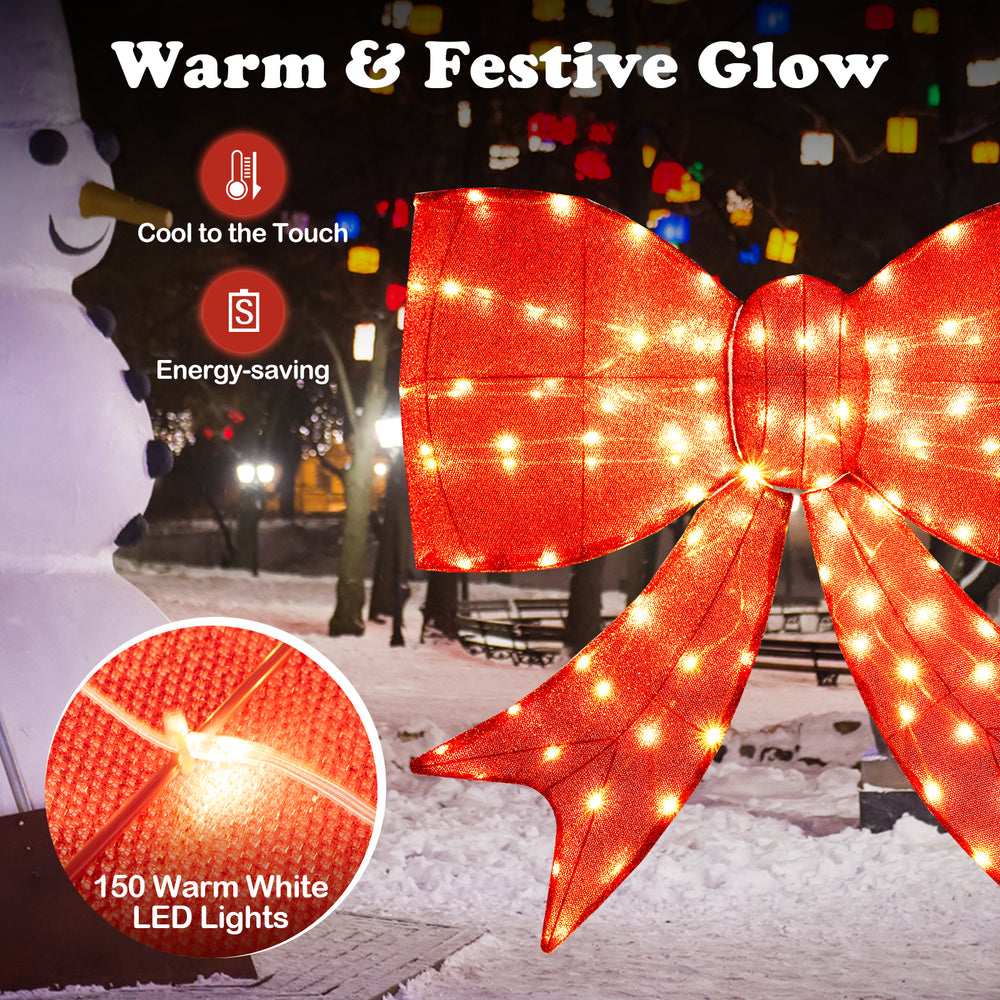 37-inch lighted Christmas bow decoration with 150 warm white LED lights, perfect for outdoor holiday displays.