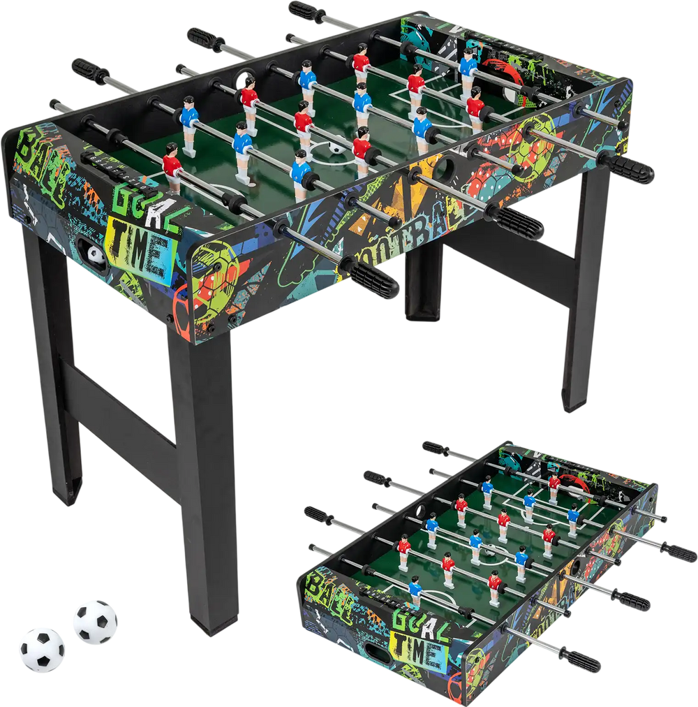 37-inch mini foosball table with detachable legs, featuring vibrant graphics and durable MDF for tabletop or standalone.