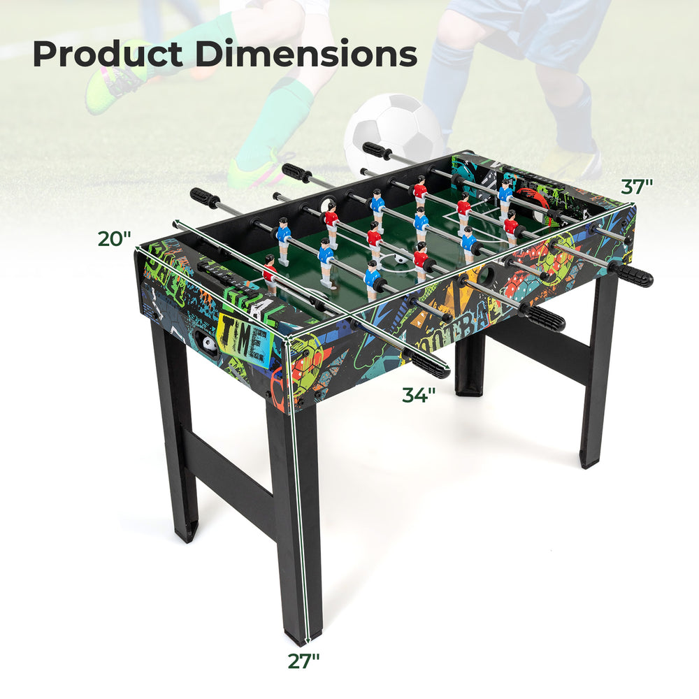 Mini foosball table with detachable legs, featuring vibrant graphics and dimensions of 37" x 34" for tabletop play.