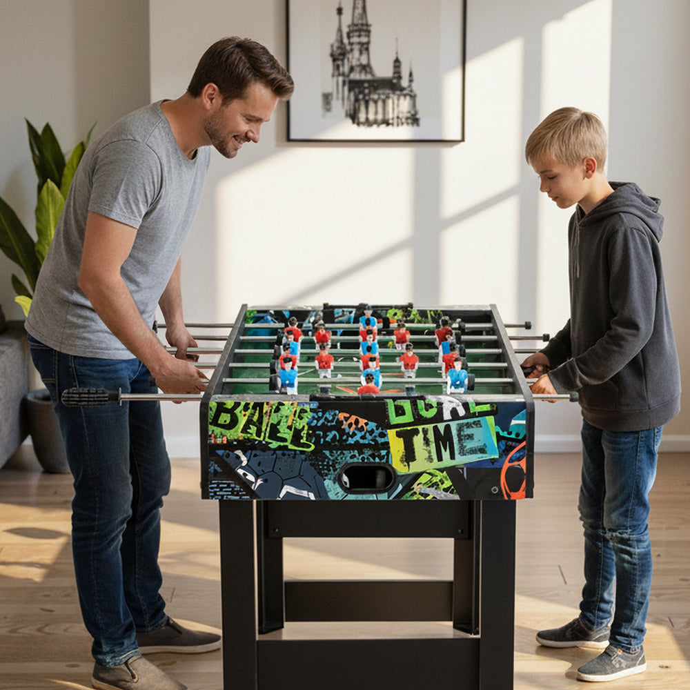 Mini foosball table with vibrant graphics, detachable legs, and smooth metal rods for tabletop or standalone play.