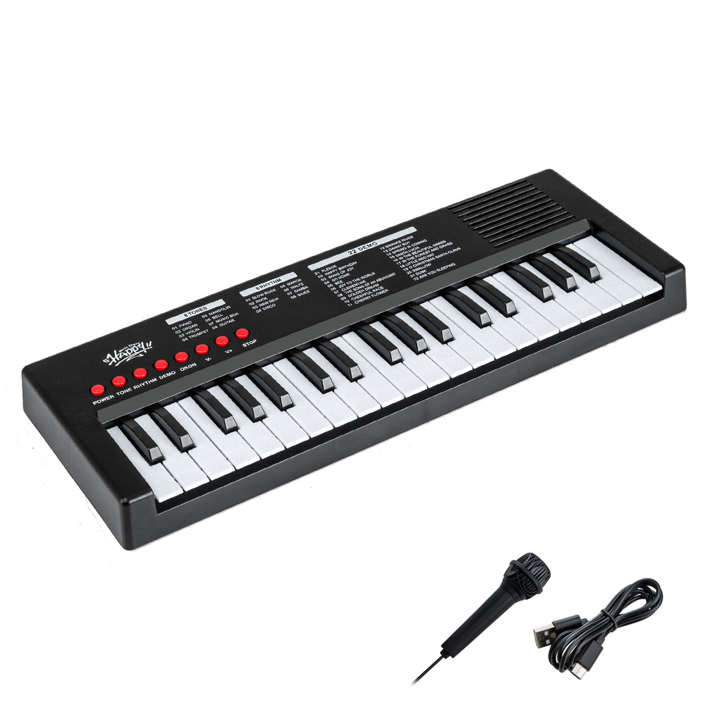 37-key kids piano keyboard in black with microphone, featuring 8 rhythms and tones for portable musical fun.