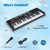 Kids piano keyboard with 37 keys, microphone, and USB cable, designed for safe, portable musical fun.