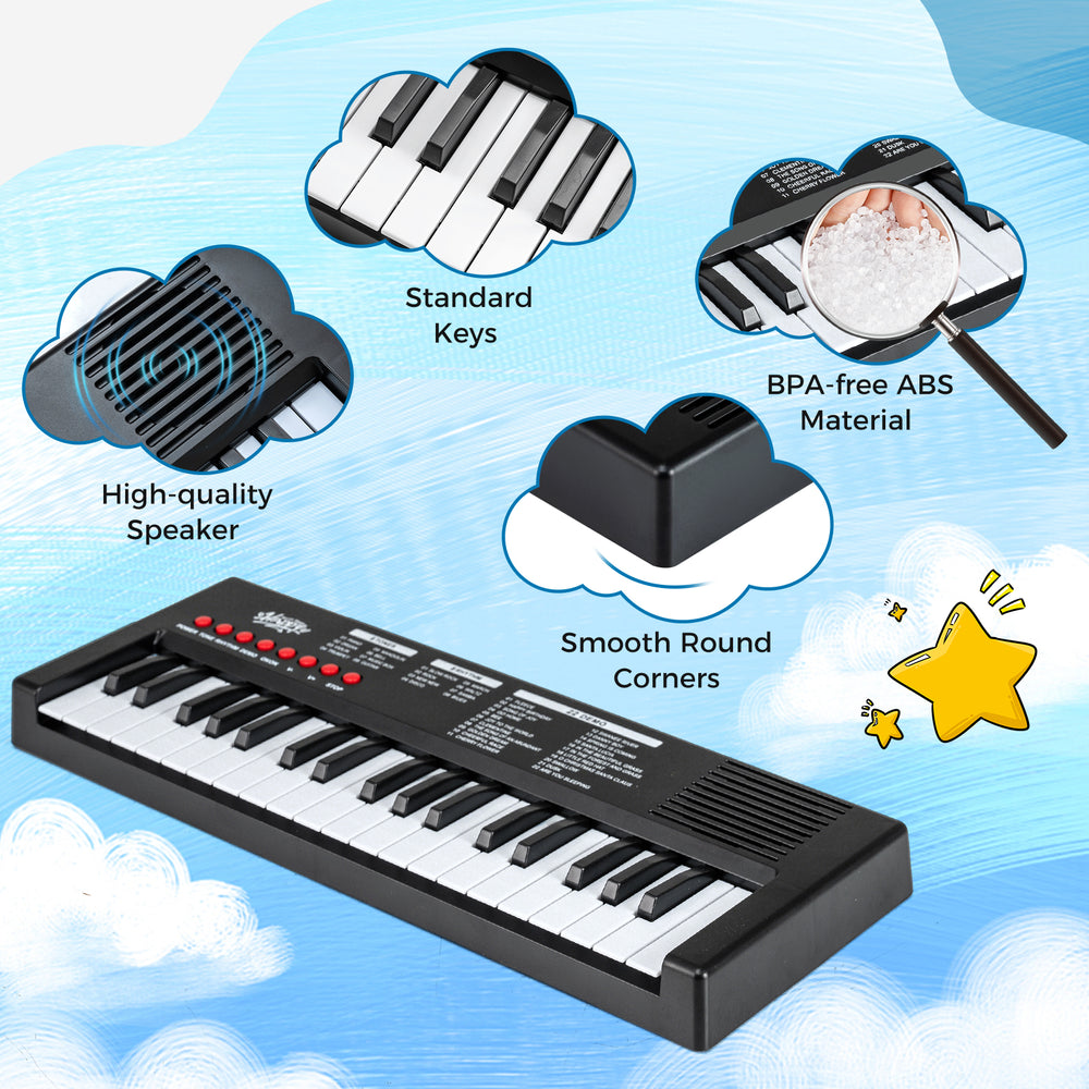 37-key kids piano keyboard in black with smooth round corners, BPA-free ABS material, and high-quality speaker for safe.