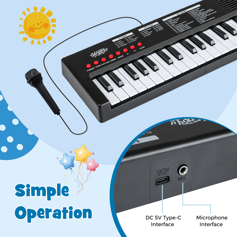 37-key kids piano keyboard in black with microphone, featuring 8 rhythms and USB charging for portable musical fun.