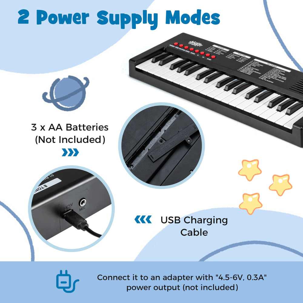 Close-up of the 37 Keys Kids Piano Keyboard showing USB charging port and battery compartment for versatile power.