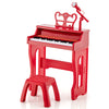 Red 37-key kids piano with microphone, detachable music stand, and sturdy stool for safe music play and learning.