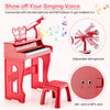 Red 37 keys kids piano with adjustable microphone, detachable music stand, and sturdy stool for musical fun.