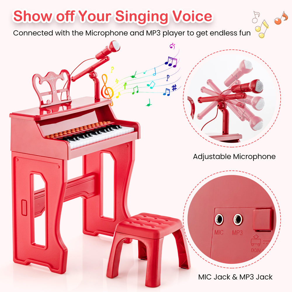 Red 37 keys kids piano with adjustable microphone, detachable music stand, and sturdy stool for musical fun.