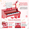 Red 37 keys kids piano with detachable music stand, microphone, demo songs, and sturdy stool for safe play.